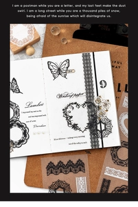 Detailed PET stickers featuring black lace patterns and vintage floral motifs for DIY journals