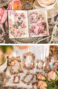 Vista de pegatinas PET con marcos florales vintage en una página de álbum de recortes