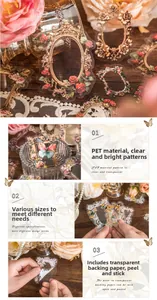 Detalle macro de pegatinas de marcos florales PET con soporte transparente impermeable