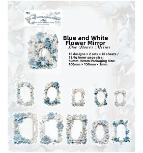 Set de pegatinas PET con marco floral azul y 10 diseños botánicos para diarios DIY