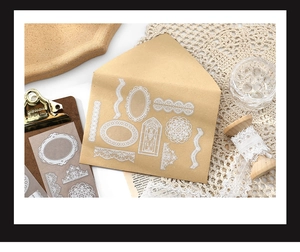 Close-up of white lace PET stickers featuring intricate mandala and frame designs for journaling