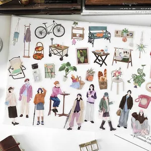 Set d'autocollants rétro en PET avec illustrations de personnes, plantes et cafés