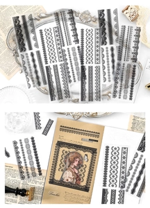 Detail of vintage black lace PET stickers for DIY journals with decorative floral patterns