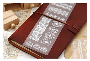 Macro detail of white lace PET decorative tapes for DIY scrapbooking journaling