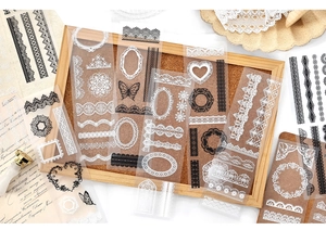 Detail of vintage lace and floral frame PET stickers for DIY scrapbooking decoration