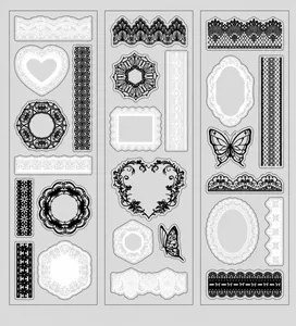 Vue détaillée d'autocollants cadres en dentelle noir et blanc pour décoration de scrapbooking