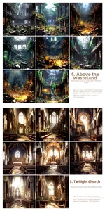 Specifications of vintage waste land theme decorative paper with ruins and church motifs