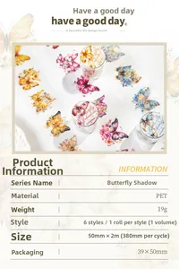 Macro view of butterfly PET decorative tape with specifications and material details