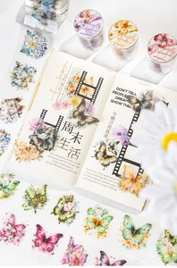 Detailed view of dreamy butterfly PET tape with colorful floral patterns for scrapbooking