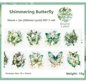 Macro detail of Flowing Light Butterfly PET tape with green butterfly and rose patterns