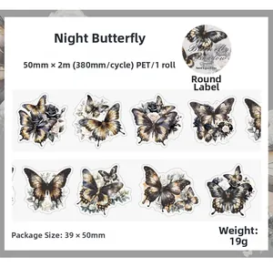 Macro detail of PET butterfly tape 50mmx2m with dark vintage floral patterns for scrapbooking