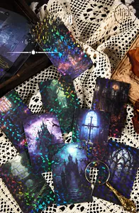 Detailansicht der Gothic-Sticker mit buntem Laser-Effekt und dekorativem Schlossmotiv