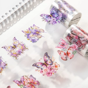 Dreamy butterfly and floral PET decorative tape for scrapbooking on white background