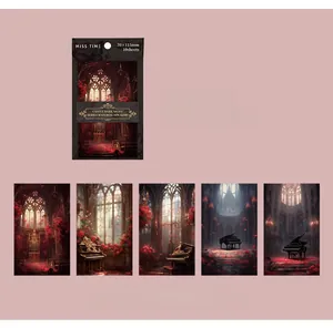 Detailliertes Retro-Gothic-Aufkleber-Set mit dunkler Rose und Kathedralen-Designs