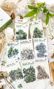 Dettaglio di adesivi PET botanici con piante da giardino vintage e confezioni da 40 pezzi