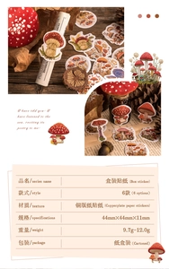 Macro detail of vintage mushroom themed box stickers on rustic wooden background