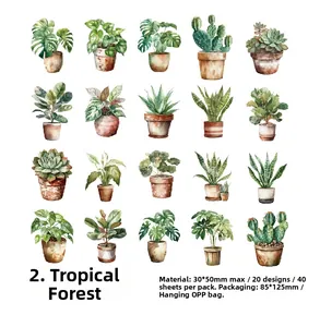 Dettaglio di 20 adesivi con piante tropicali ad acquerello per agende e scrapbooking