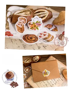 Detail of vintage afternoon tea stickers with floral and pastry designs on brown envelopes