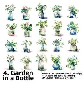 Dettaglio di 40 adesivi con fiori ad acquerello in bottiglie per scrapbooking