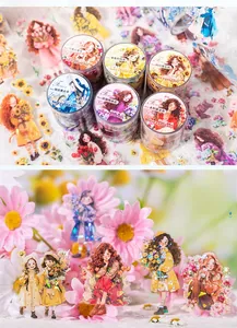 Detail of Flower Girl PET tape with shell light effect and character illustrations