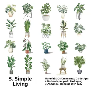 Griglia di 20 adesivi botanici in PET con monstera e cactus in stile acquerello