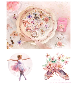 Detail of ballet dancer stickers with pink ribbons and floral motifs in a romantic style