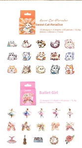 Detail view of 45pcs vintage floral stickers showing ballet dancer and cat themes