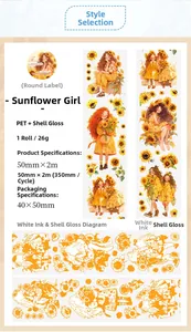 Detail showing PET tape sunflower girl pattern with shell light and white ink craft details