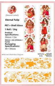 Detail view of Tulip Girl PET decorative tape with shell light and white ink printing