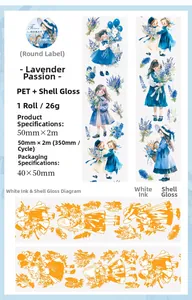 Detail view of PET decorative tape showing lavender pattern and shell light finish