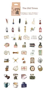 Detailed grid layout of vintage watercolor scrapbooking stickers with retro clock and quill