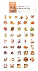 Detailed flat lay of 45pcs vintage afternoon tea and autumn floral stickers for journaling