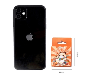 Size comparison of MO-CARD Sweet Paradise stickers with a phone, 44mm by 66mm box