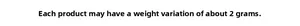 Detailed text image showing product weight tolerance with a margin of about 2g error