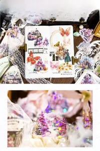 Detailed macro view of vintage laser-style stickers with fantasy castle motifs and glitter