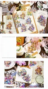 Detail of dream castle PET stickers with laser holographic foil and vintage scrapbooking decor