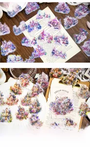 Detail of dream house stickers with holographic laser castle patterns on vintage background