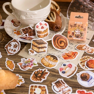 Retro hand-drawn afternoon tea sticker set with cakes and coffee for journaling