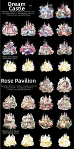 Detailed PET stickers with white ink and shell gold finish on watercolor castle motifs