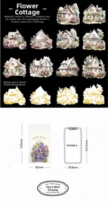 Detailed size comparison of floral house PET stickers with white ink and shell gold finish