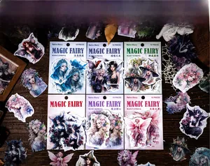 Macro shot of Magic Fairy PET stickers with vintage characters on dark wooden table