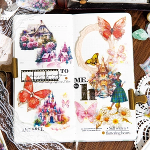 Vintage PET dream house stickers set with castles and butterflies for journaling