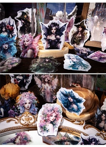 Detail of dark fairy and witch PET stickers with artistic vintage butterfly wings