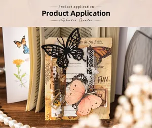 Macro detail of vintage butterfly scrapbooking paper with lace and retro stamp textures