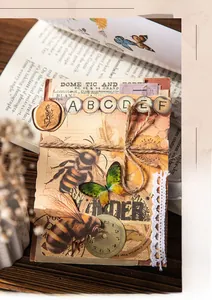 Detailed close-up of vintage aesthetic scrapbook paper with floral and butterfly prints