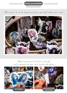 Macro detail of PET magic fairy stickers featuring fantasy characters and white ink printing