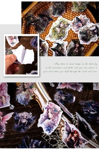 Detail of magic fairy PET stickers showing easy-to-peel backing on vintage wood surface