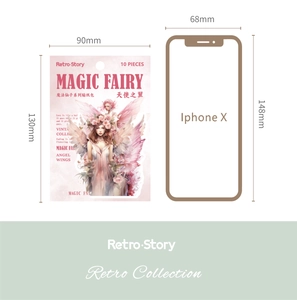 Retro magic fairy stickers set size comparison showing 90x130mm pack next to iPhone X