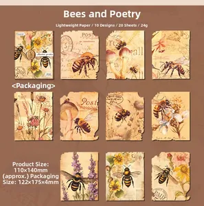 Detailed flat lay of vintage bee and floral scrapbooking paper with 10 artistic designs