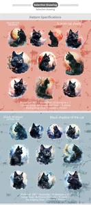 Detailed specs of black cat PET stickers with size 43-61mm for scrapbooking decor
